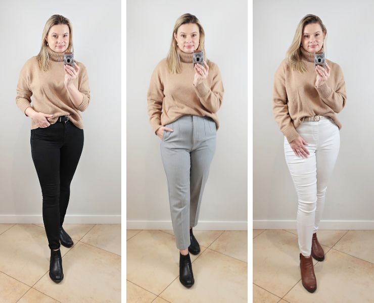 Elegancka zimowa stylizacja – kobieta w dopasowanym golfie, gotowa na chłodny dzień w pracy. 