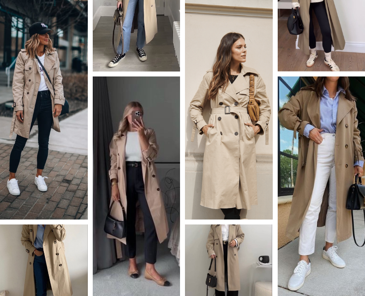 Trencz w nowoczesnej odsłonie – zestawiony z sneakersami i casualowym lookiem.