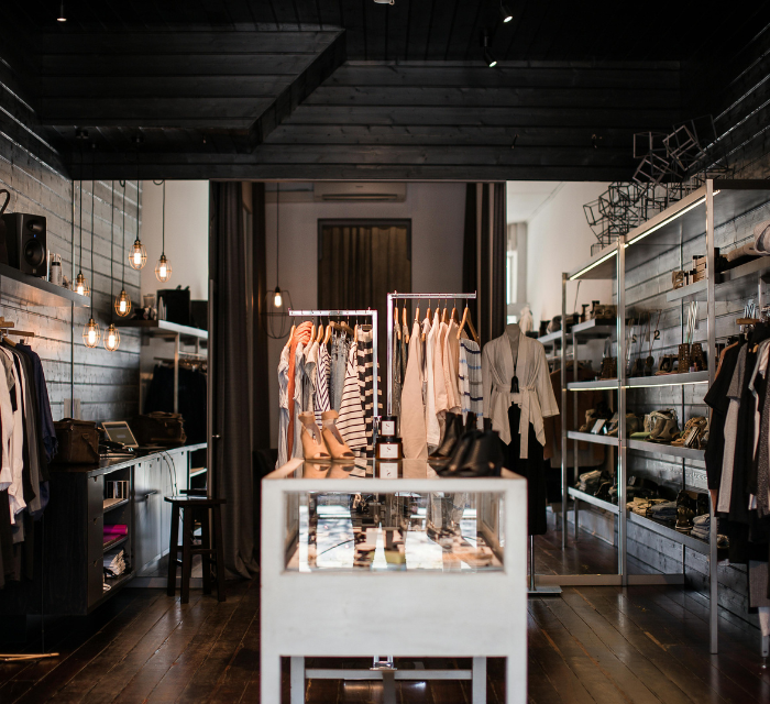 Przymierzanie ciepłego płaszcza przed lustrem w sklepie odzieżowym.