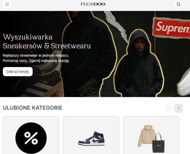 Widok strony FLEXDOG z wyszukiwarką sneakersów online