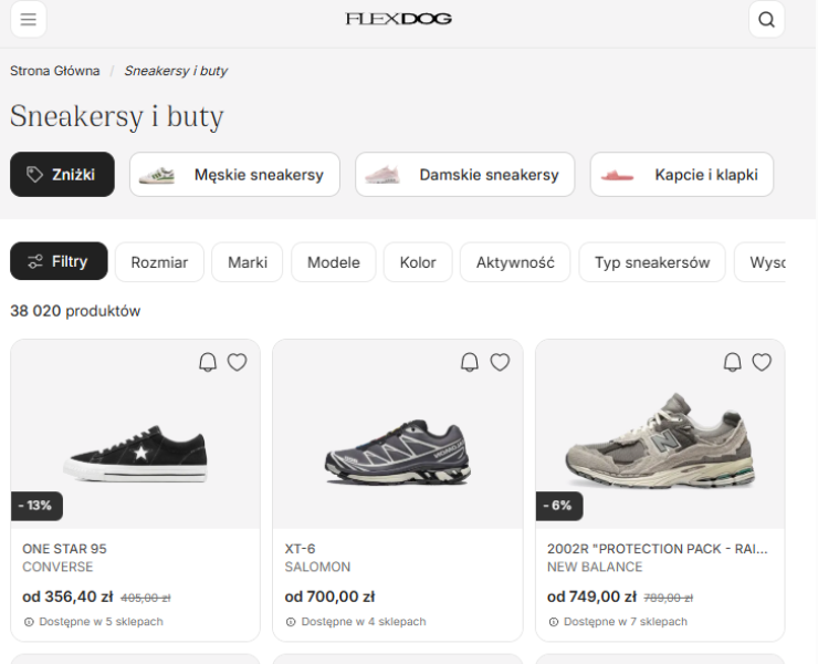 Filtry i kategorie na platformie FLEXDOG podczas zakupów online